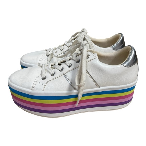 Aldo Womens Nydoilia Platform Sneakers White US 7.5 Rainbow Soles Metallic Heel - Picture 1 of 9